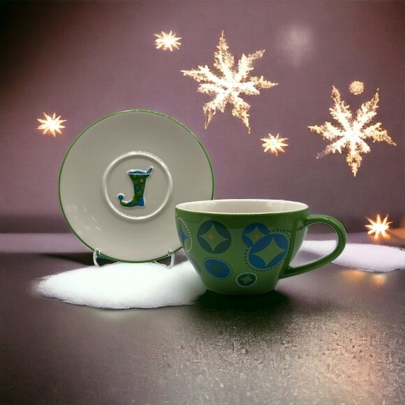2006 Holiday Starbucks Elf Christmas Stocking Green Coffee Mug Tea Cup & Saucer - Picture 1 of 8
